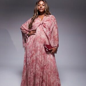 ASOS DESIGN Curve pleated chiffon twist front maxi dress in pink floral size 18
